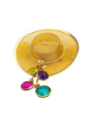 Vintage Mesh Hat Brooch with Bezel Set Dangling Crystals, Gold Tone Chic Pin